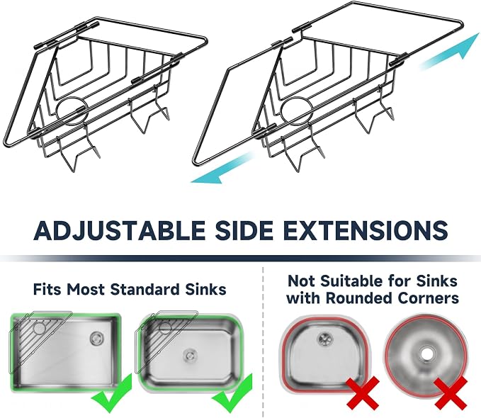 NiHome Sponge Holder for Kitchen Sink, Adjustable Corner Caddy, Black | Rustproof 304 Stainless Steel Storage with Extendable Arms and Open Drainage for Rapid Drying of Brushes and Soap Bars
