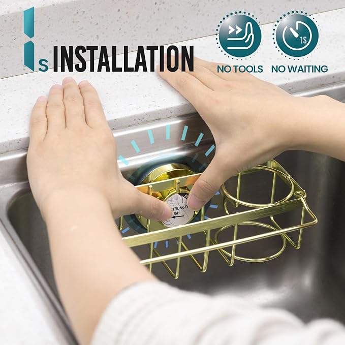 TAILI 4-in-1 Sponge Holder for Kitchen Sink with Strong Suction Cup-Gold | Removable Rustproof 304 Stainless Steel Multi-compartment Sponge Holder with Suction Cup, Keeps Brushes & Scrubbers Tidy