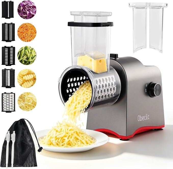 300W Electric Cheese Grater with 5 Stainless Steel Blades | Cheese shredder for Slicing, Shredding and Grinding Cheese, Vegetables, Fruits and Nuts with Easy one-touch Operation.