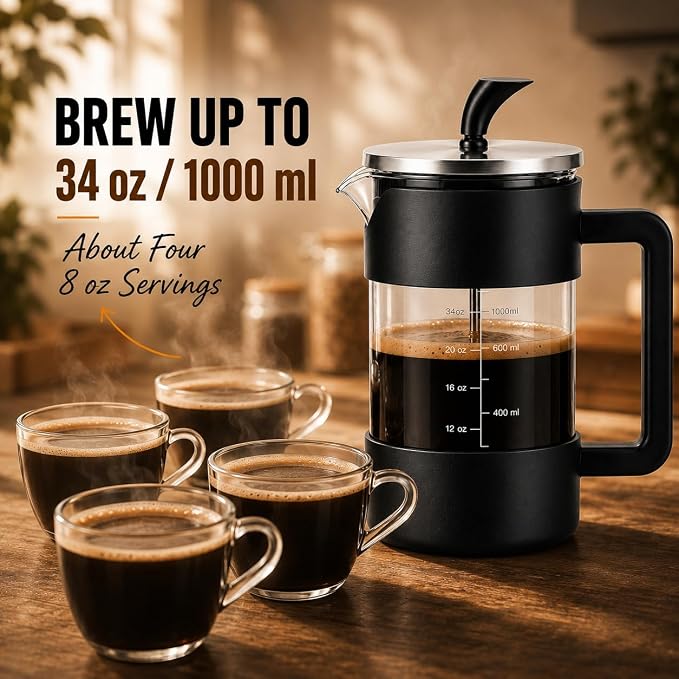French Press Coffee Maker, 34 oz / 1000 ml Glass Coffee Press with 3-Level Stainless Steel Filter, Easy-Read Measurements, Protective Outer Shell and Ergonomic Handle, Black