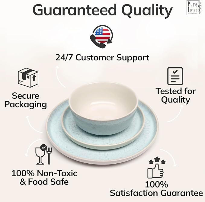 12 Piece Stoneware Dinnerware Set for 4 - Handmade Reactive Glaze Plates and Bowls Set - Chip & Scratch Resistant Dish Set - Dishwasher Microwave Safe - Light Beige & Blue | Reactive Glaze Coating, Dishwasher & Microwave Safe Dish Set, Chip & Scratch R...