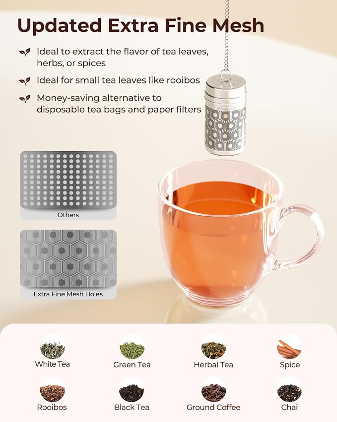 2 Pack Reinmoson Mini Stainless Steel Tea Strainer for Loose Tea 1.2”x2.2” | Extra Fine Mesh Tea Infuser for Loose Leaf Tea Steeper, Updated Slim Threaded Lid Tea Ball for Cup Mug Teapot Bottle Kettle
