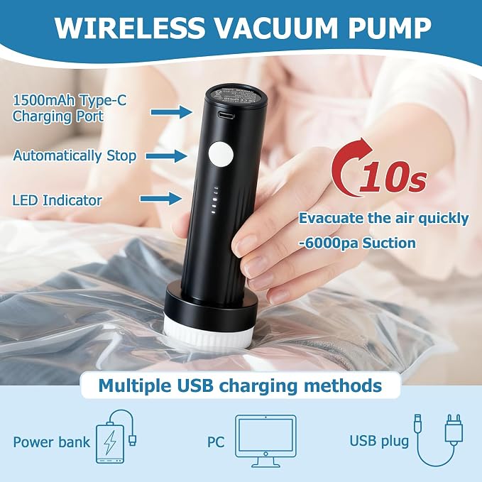 15 Vacuum Seal Bags for Clothing Travel with Rechargeable Air Pump | 4 Size Space Saver Vacuum Storage Bags, 1500mAh Type-C Pump, 6000Pa Saves 80% Space, PA+PE Tearproof Zipper