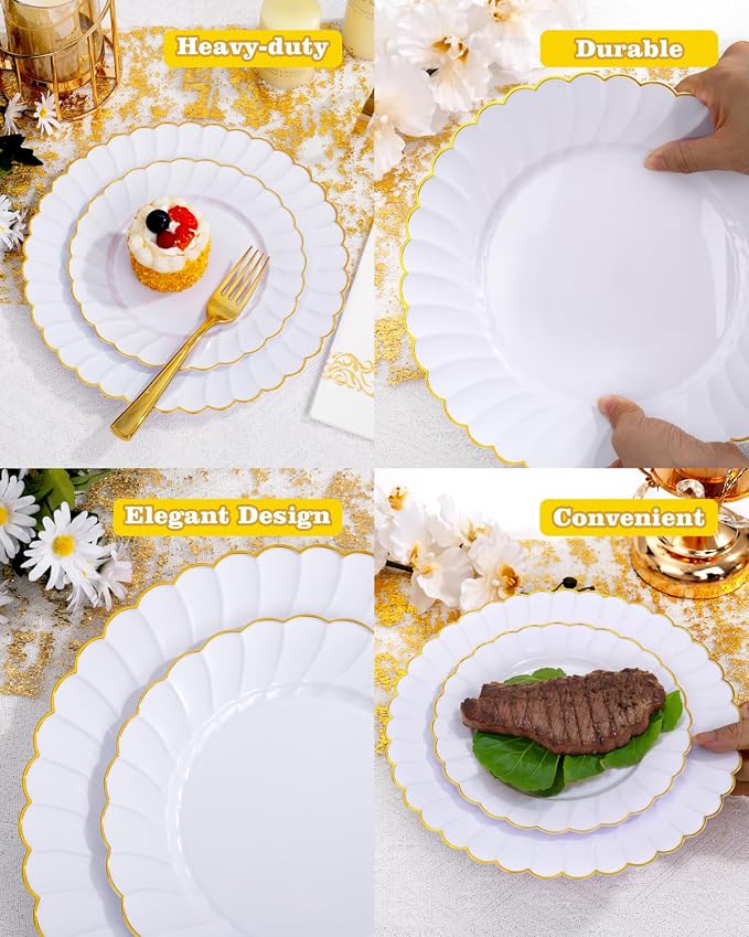YOUBET 175PCS White and Gold Scalloped Plastic Plates for Party Wedding | White and Gold Disposable Dinnerware Set Include 50 Plates, 75 Gold Silverware, 25 Cups, 25 Napkins