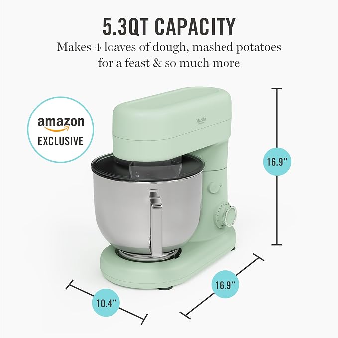 Martha Stewart 5.3QT Tilt Head Stand Mixer, 12 Speeds, Stainless Steel Bowl | Dough Hook, Stainless Whisk, Beater, Removable Splash Shield, Bread, Cake & Whipping, Electric Kitchen Mixer, Honeydew Green
