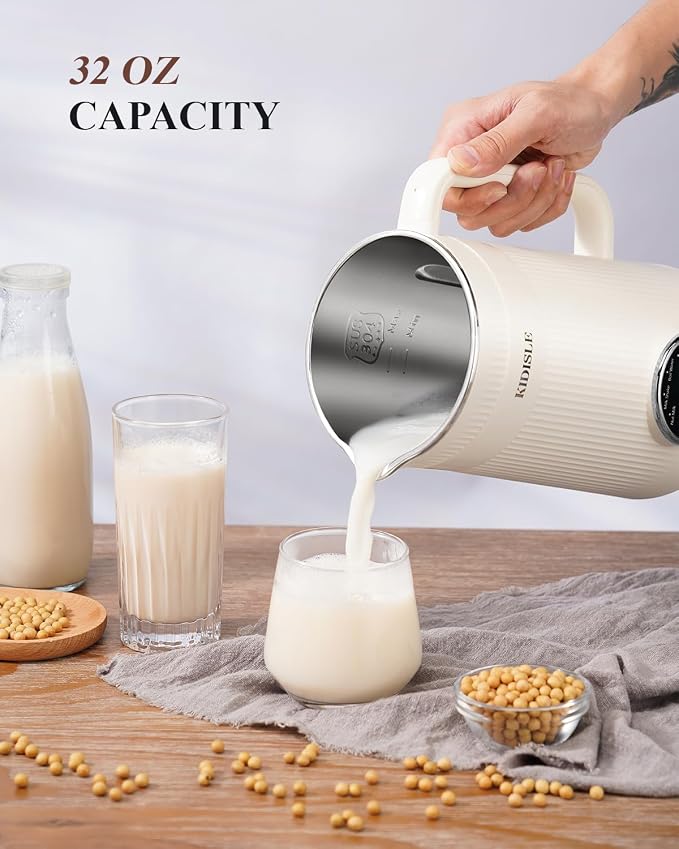 KIDISLE 8 in 1 Nut Milk Maker Machine, 32oz Self-Cleaning Automatic Blender | Almond, Soy, Oat, Coconut, Rice Paste & Juice, No Soaking, 12H Delay Start + Keep Warm, Boil Water, Fresh Homemade