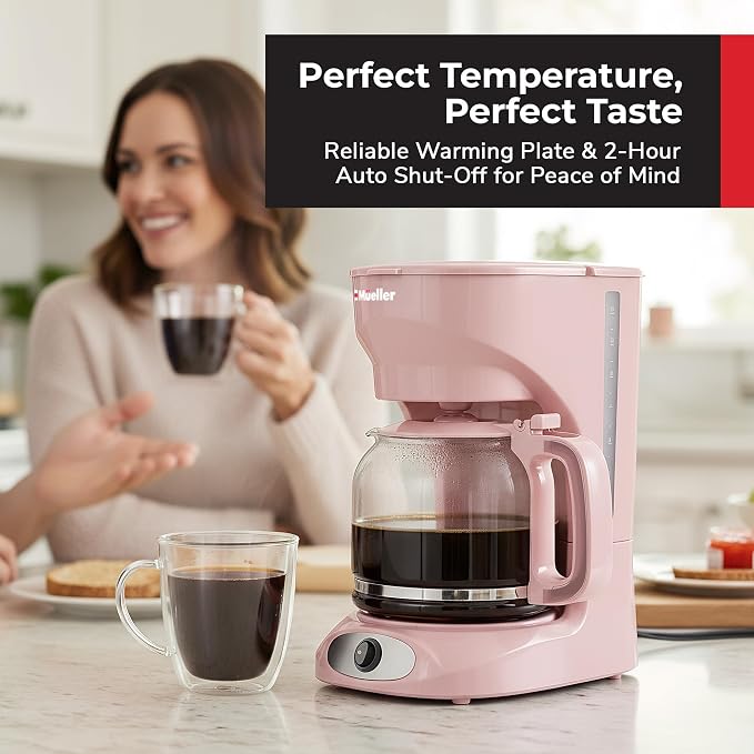 MUELLER HOME 12-Cup Pink Coffee Maker | Borosilicate Carafe, Auto-Off, Reusable Filter, Anti-Drip, Keep-Warm Function