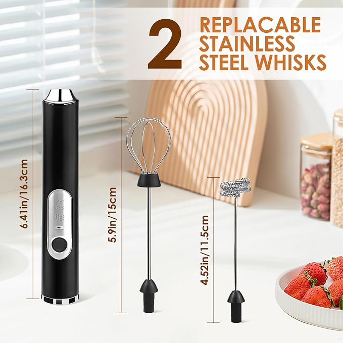 Handheld Milk Frother, Rechargeable Milk Frother, Coffee Mixer Wand, Black | Electric Drink Mixer with 2 Stainless Steel Whisks 3 Speeds, Frother Wand for Latte, Cappuccino, Matcha, Hot Chocolate, Egg
