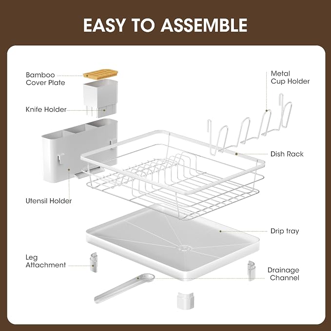 Runnatal Dish Drying Rack with Drainboard for Kitchen Counter and Sink | Large Dish Rack Rustproof Dish Drainer with Detachable 2-in-1 Utensil Holder, Extra Cup Holder, White