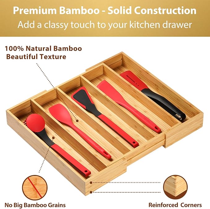 Expandable Kitchen Drawer Organizer, 2.5" High Bamboo Utensils Silverware Tray, Adjustable Large Deep Wood Organization Holder