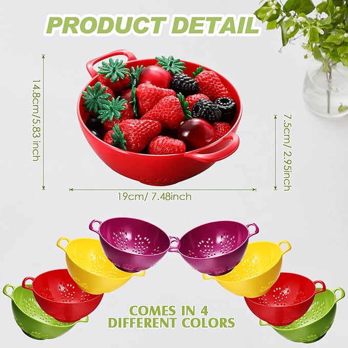 4 Pack Mini Colander for Kitchen Plastic Berry Strainer with Double Handles 7.5 x 6 x 3 Inch Small Colander Strainer for Fruits Vegetables Food (Lemon Yellow,Green,Purple,Red)