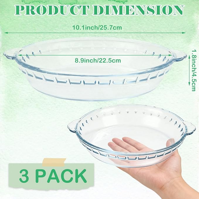 3 PCS Glass Pie Plate 9 Inch, Glass Pie Pan with Handles, 9 Inch Pie Dish for Baking, Glass Pie Plate for Baking Quiches, Tarts, Desserts, Oven & Freezer Safe Kitchen Accessories