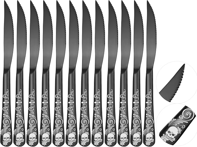 Skull Ultra Sharp 2-IN-1 Serrated Knives, SANLUNS Chef Knife Set Serrated Knives of 12 - Professional Design Collection - 18/0 Stainless Sharp Dinner Knive Unique Skull Pattern Design
