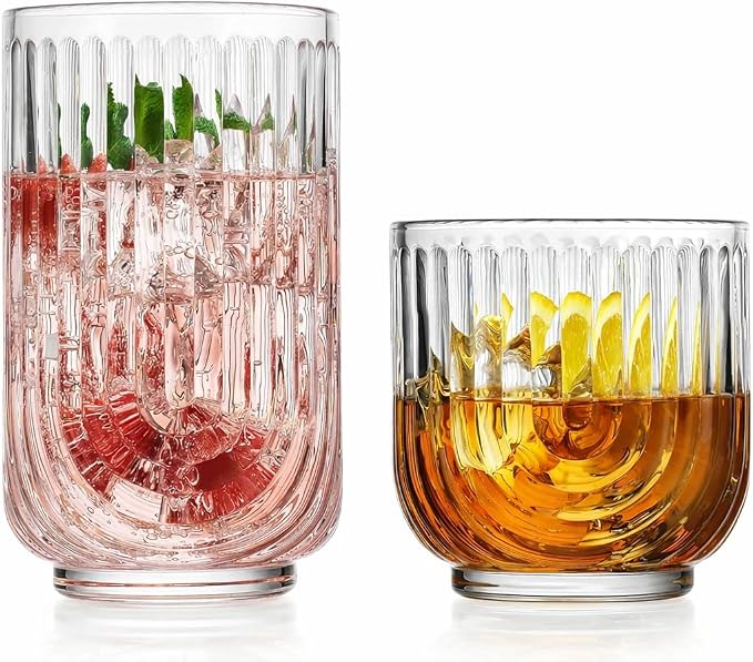 Glaver's 16-Piece Drinking Glass Set, Art Deco Ribbed Arch Design, Clear U-Shape Glassware, 17oz Highball and 11oz DOF Glasses