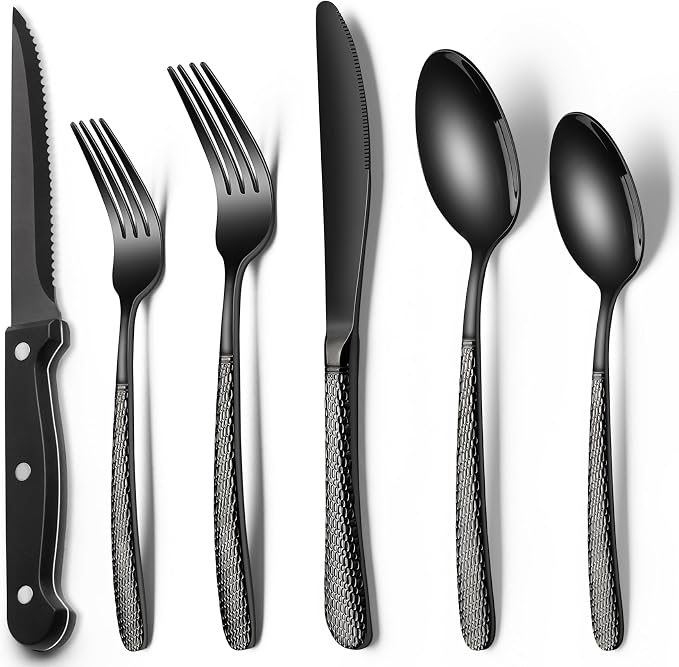 EWFEN 24-Piece Black Silverware Set with Steak Knives, Black Flatware Set for 4, Food-Grade Stainless Steel Tableware Cutlery Set, Mirror Finished Utensil Sets for Home Restaurant, Round Hammered