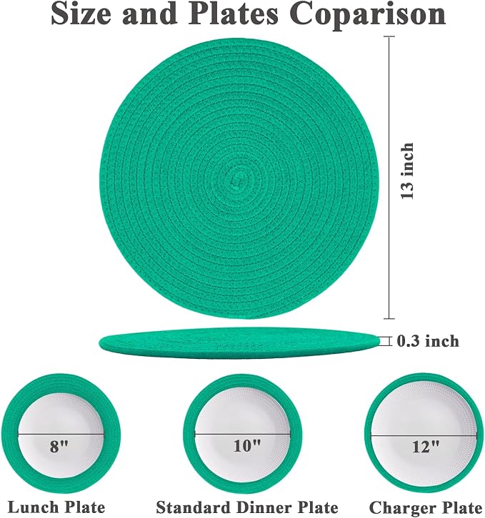 Round Placemats Set of 6, Cotton Rope Woven Table Mats, Hot Pads for Kitchen, Non Slip Heat Resistant Place Mats, 13 Inches Braided Placemat for Farmhouse Decor and Kitchen Table Decor (Turquoise)