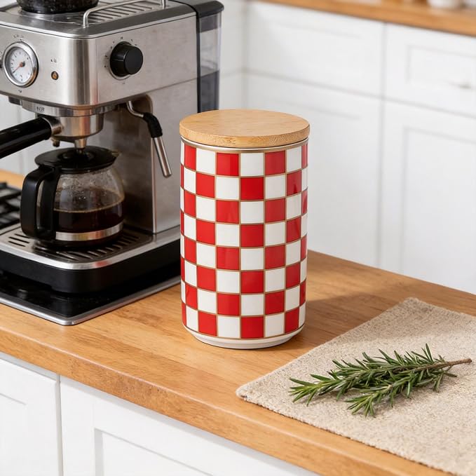 Kitchen Countertop Ceramic Checkered Canisters,Black And White Food Storage Containers With Lid,Airtight Kitchen Canisters for Flour, Sugar, Coffee, Tea, and Dry Goods (Red, Large)