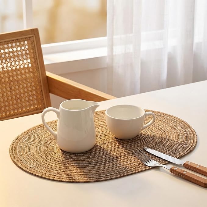 Placemats Set of 4, Woven Oval Braided Dining Table Mats(Brown) | 12 x 17.5 Inch Size Fits Plates and Flatware; Hand Washable and Heat Resistant for Kitchen Use, with Farmhouse and Boho Style