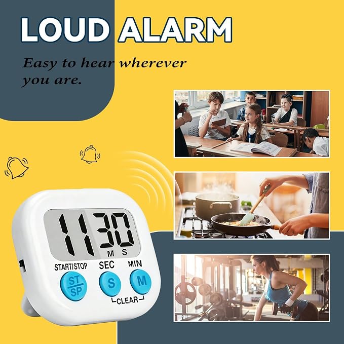12 Pack Digital Kitchen Timers for Cooking, Loud Alarm Large LCD Display Magnetic Classroom Timers for Teachers Kids, Extensively Use in Classroom, Cooking, Meeting, Gym