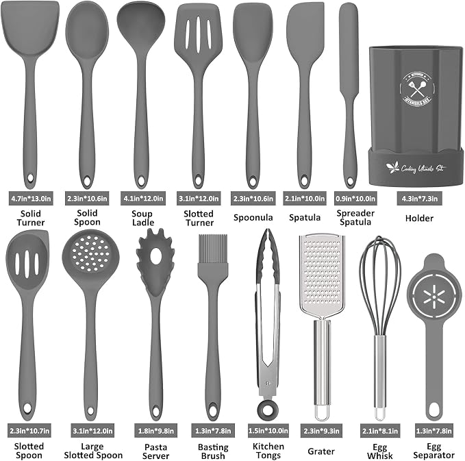 Silicone Kitchen Utensils Set, 16-Piece Silicone Cooking Utensils by Deedro | Heat Resistant Kitchen Tools Set with Holder, Nonstick Spatula Kitchen Gadgets for Cooking & Baking, Gray