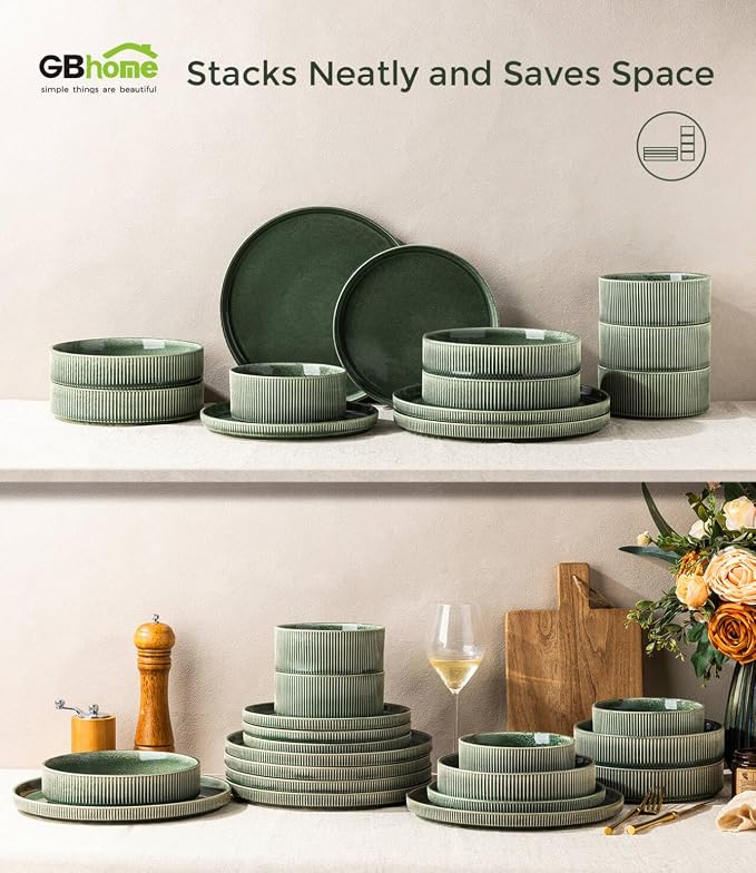 GBHOME Stoneware Dinnerware Sets for 4,16-Piece Plates and Bowls Set | Handmade Reactive Glaze Ceramic Dish Set, Scratch Resistant, Dishwasher&Microwave Safe,Dark Green