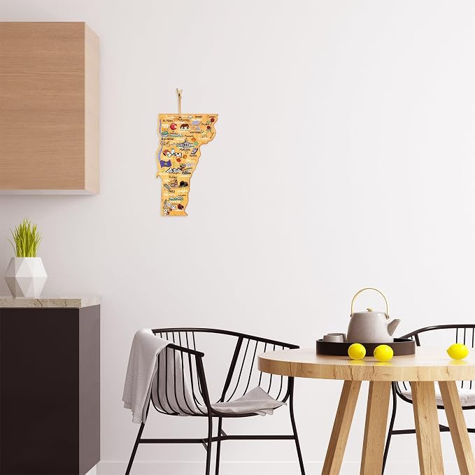 Totally Bamboo Vermont State Shaped Cutting Board, Art by Fish Kiss | State charcuterie board with colorful hand-drawn map artwork. Smooth reverse side for food prep. Hang tie for wall display.