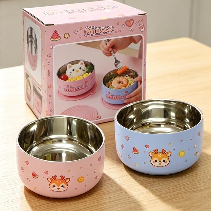 316 Stainless Steel Bowls for Kids 5 Inch - 33oz Toddler Bowls 2-Pack with Cute Animal Print, Non Toxic Dishwasher Safe Baby Bowls for Soup Dessert, BPA Free Unbreakable, Birthday Gift - Pink & Blue