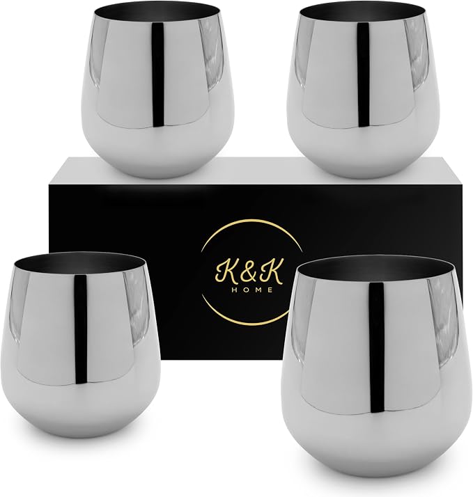 K&K Home Silver Stainless Steel Unbreakable Silver Stemless Wine Glasses - 15 oz - Set of 4 Colored, Stemless Metal Wine Glasses Perfect for Outdoors, Weddings, and Parties