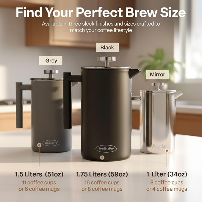 SterlingPro Small Insulated Stainless Steel French Press Coffee Maker 34oz – Insulated Metal Double Wall Coffee Maker | Plastic Free | Cool-Touch | Mirror Finish | Makes up to 8 Cups / 4 Mugs