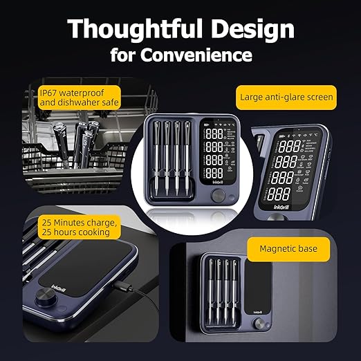 Wireless Meat Thermometer with APP Control，4 Probes Meat Thermometer Digital, Unlimited Range WiFi & Bluetooth Meat Thermometerfor for Rotisserie, Grill, Oven, Smoker, BBQ, Air Fryer
