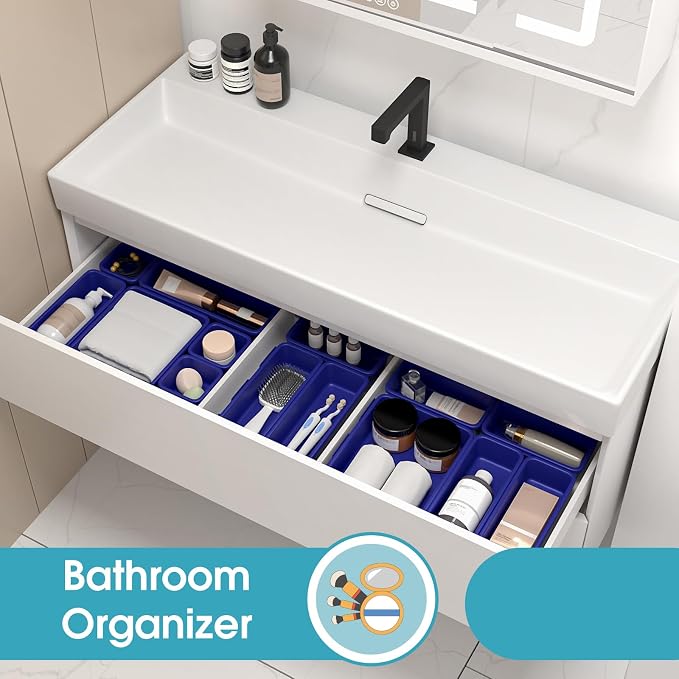 6 PCS Drawer Organizer Set, 3 Size Makeup Drawer Divider Organizer With Non-Slip Pads, Interlocking Plastic Storage Bins for Office,Jewelry Vanity,Gadgets, Bathroom,Kitchen, Navy