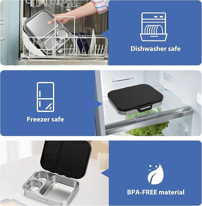 Pawtong Stainless Steel Bento Lunch Box for Kids | 3-Compartment Lunch Box Container Kids | 100% Leakproof, Eco-Friendly, Perfect Portion Control for Kids&Adult Healthy Meals (Black)