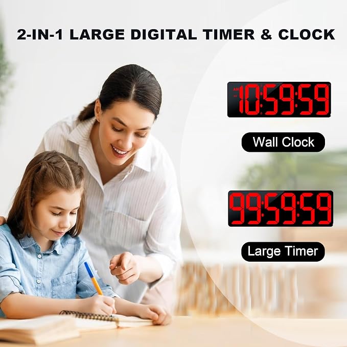 17.2" Bluetooth Digital Wall Clock with Seconds, Large Countdown Timer for Classroom Home Gym Kitchen Office, Alarm Clock with Remote Control, 4 Dimmable Brightness, Auto DST (Red)