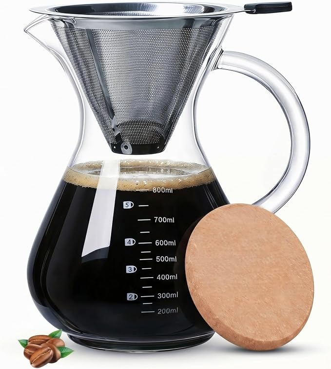 Pour Over Coffee Maker Set with Reusable Stainless Filter 27 fl oz, Heat-Resistant Borosilicate Glass Paperless Pour Over Coffee Dripper with coaster for Home Daily coffee