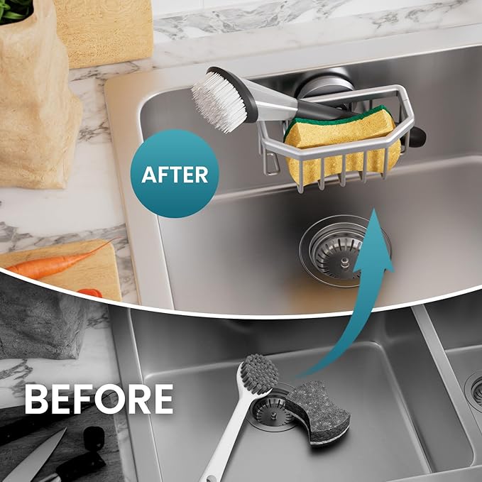 TAILI Sponge Holder for Kitchen Sink with Suction Cup-Silver, Aluminum | Rustproof Aluminum Sink Caddy for Sponges,Brushes,Stoppers & Scrapers,Removable Ventilated Quick-dry Design, holds Up 11lbs