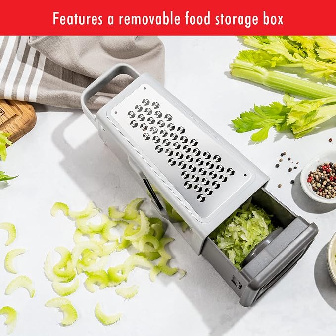 ZWILLING Z-Cut Tower Multifunctional Box Grater, Faster Grating Technology, Cheese Grater, Zester, Garlic grater, Slicer, Rasp Grater and more, Gray