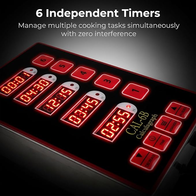 6 Channel Precision Kitchen Timers for Cooking, Commercial Kitchen Timer Restaurant Kitchen Supplies, Stainless Steel Digital LED Chef Cooking Timer, Reminder Function, Drillable wall mounting, Red