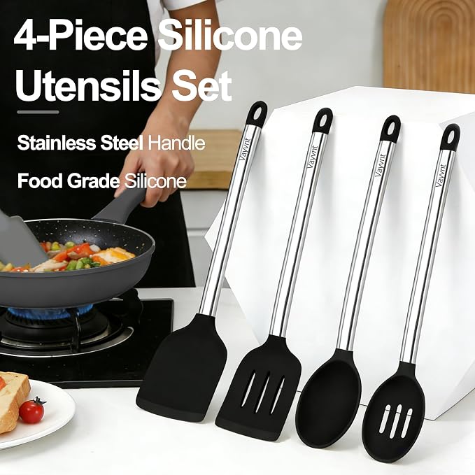 Vayvnt 4 Pieces Silicone Kitchen Utensils Set for Nonstick Cookware, Black | Spatula and Spoon Set, Heat Resistance, Non Toxic, Silicone Utensils for Cooking, Stainless Steel Handle, Dishwasher Safe