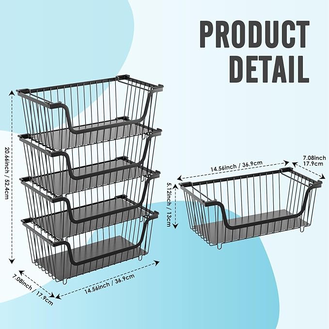 4 Pcs Stackable Wire Baskets Pantry Organizers and Storage Bins,Black | Breathable Metal Design with Rotating Handle,Idea for Potato Onion Fruit Snack Veggie Kitchen Countertop Freezer Organization