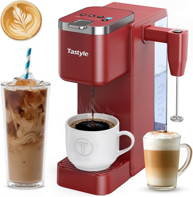 Tastyle Single Serve Coffee Maker with Built-in Detachable Milk Frother | For K Cups & Grounds, 40oz Removable Water Tank, 6 Brew Sizes, 2 Drip Trays, BPA Free, Fits 7.3" Travel Mug, K330MF, Red