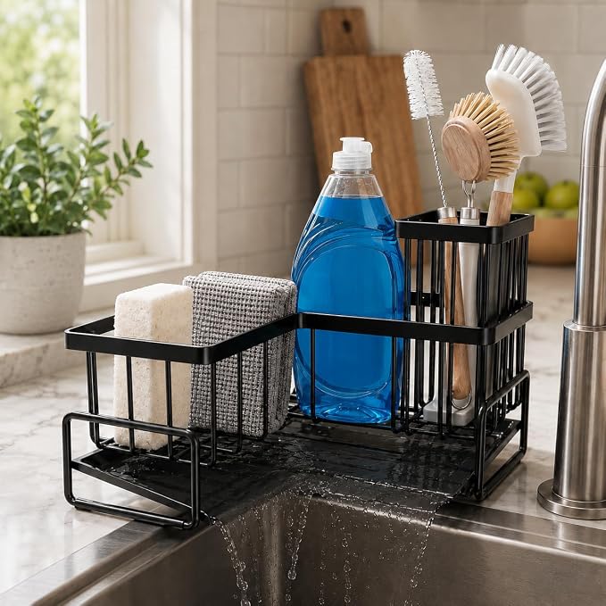L-Shaped Kitchen Sink Caddy, Large Capacity Sink Organizer for Countertop Corner, Multi-Purpose Kitchen Caddy with Sponge & Dish Brush Holder, Sponge Holder for Kitchen Sink to Keep Area Dry & Neat