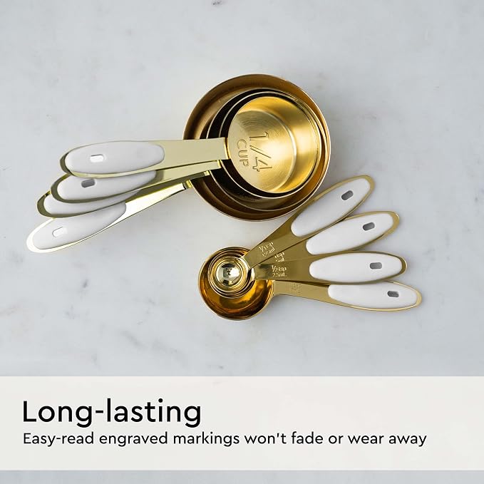 White and Gold Measuring Cups and Spoons Set – 8-Piece Stackable Stainless Steel Measuring Set – Stylish Gold Kitchen Accessories for Precise Baking and Cooking, Ideal Gift for Bakers and Chefs | Stainless Steel, 8-Piece Measuring Set with White Silico...
