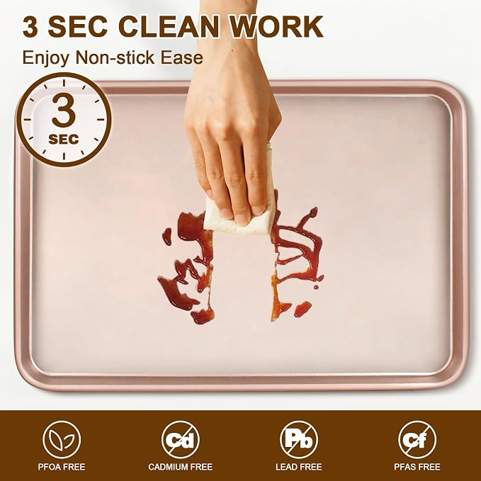 Wildone Baking Sheet Pan Set of 2, Nonstick Cookie Sheets for Baking | Thicker Carbon Steel Jelly Roll Pan Oven Tray 15x10 Inch, Heavy Duty & Easy Clean, Rose Gold