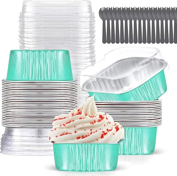 10oz Mini Cake Pans with Lids (40 Pack) Aluminum Foil Square Cupcake Liners Brownie Baking Cups,Disposable 4”x4” Large Cupcake Pan,Jumbo Muffin Tin Ramekins Holders