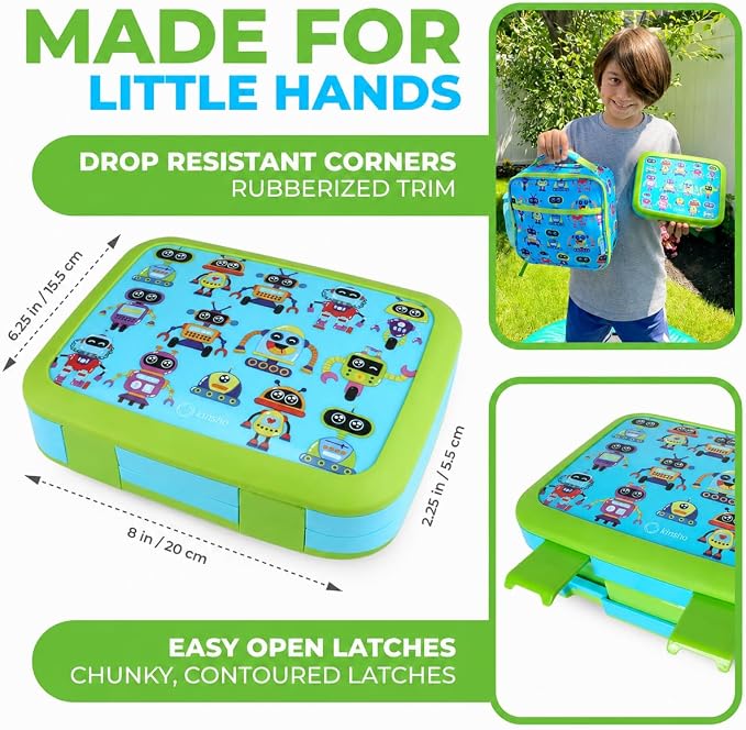 kinsho Bento Lunch Box for Kids Toddlers Boys, 4 Portion Sections Secure, BPA Free Removable Tray, Pre-School Kid Daycare Lunches Snack Container, Green Robot Ages 3 to 5