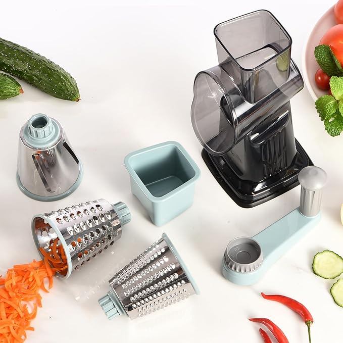 Rotary Cheese Grater with Handle Kitchen Shredder Slicer Grater Slicer Ice Shaver Cheese Vegetable Nuts Potato Zucchini Chocolate 3 Interchangeable Blades (GreyBlue)