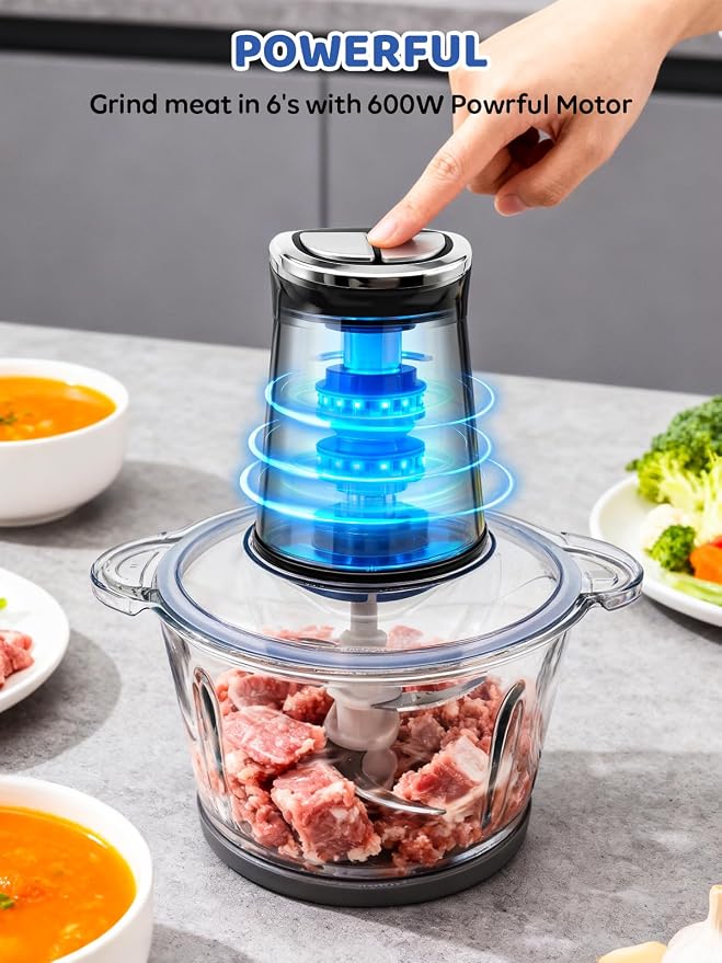 IRIITCH Food Processor with LED Timer, 800W Electric Chopper | 2 Bowls (12-cups Glass Bowl+12 cups Stainless Steel Bowl), 2 Set 6 Bi-Level S-Blades