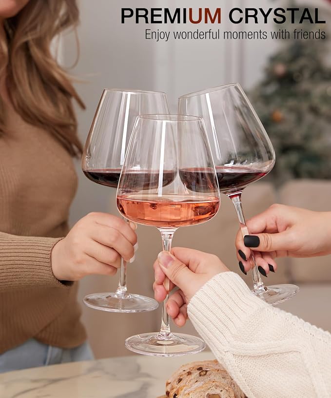 OJA Wine Glasses Set, Crystal Hand Blown Red Wine Glass Set of 4, 23 oz | Long Stem, Unique Large Design, Best for Wine tasting, Birthday, Christmas, Anniversary
