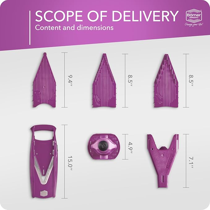 Mandoline Food Slicer Börner V5 (Starter Set) by Reston Lloyd • V-Slicer with Food Holder • Made in Germany • Fruit & Vegetable Chopper • Multiple Settings • Color: Purple