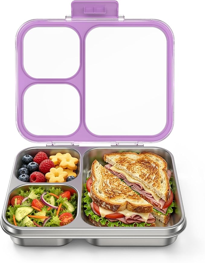 HOMEKOL Stainless Steel Bento Lunch Box 3-Compartment, 4.2Cups, Purple | Leak-Proof Metal Lunch Container for Kids & Adults, BPA-Free, Dishwasher Safe, Clear Tritan Lid, 1000ml (Not Insulated)